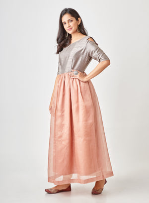 Kyyarii Pastel & Grey Pure Tussar Silk Handloom Dress