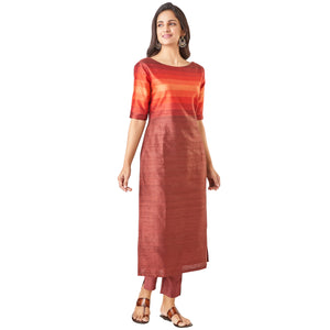 Kyyarii Red Striped Pure Tussar Silk Handloom Suit Set without dupatta