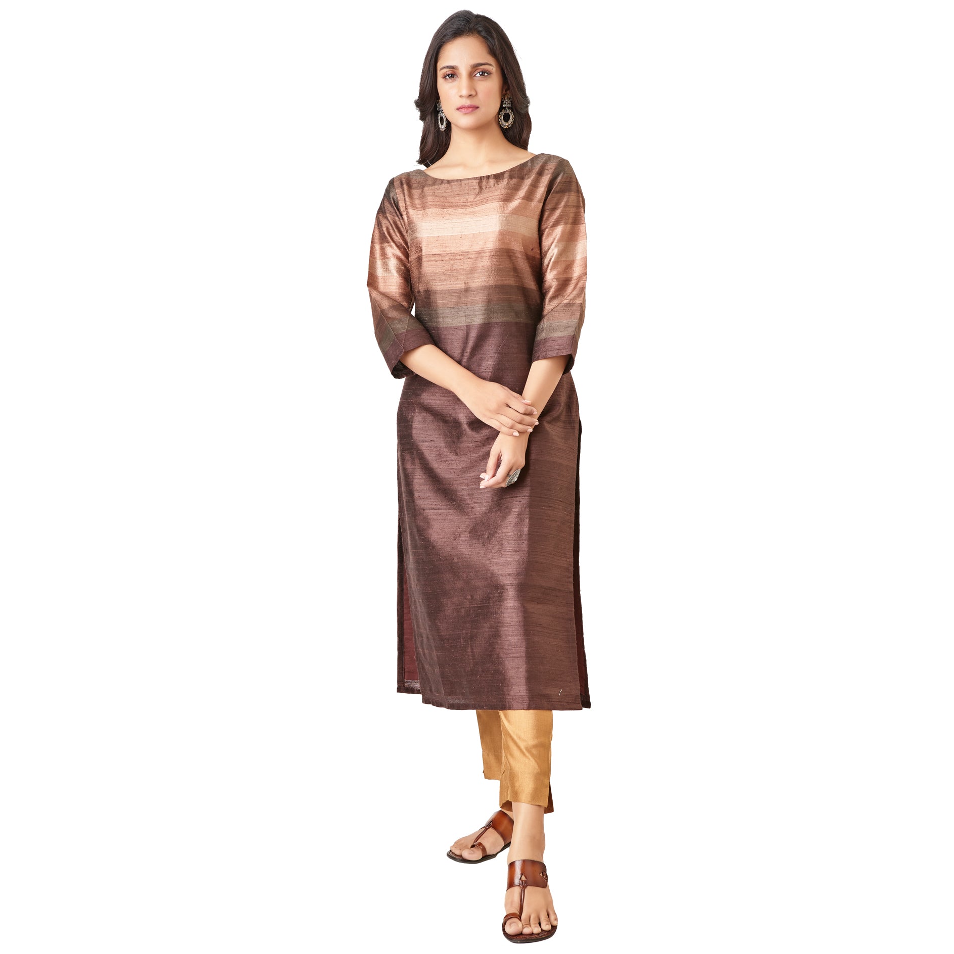 Kyyarii Brown Striped Pure Tussar Silk Handloom Suit Set without dupatta