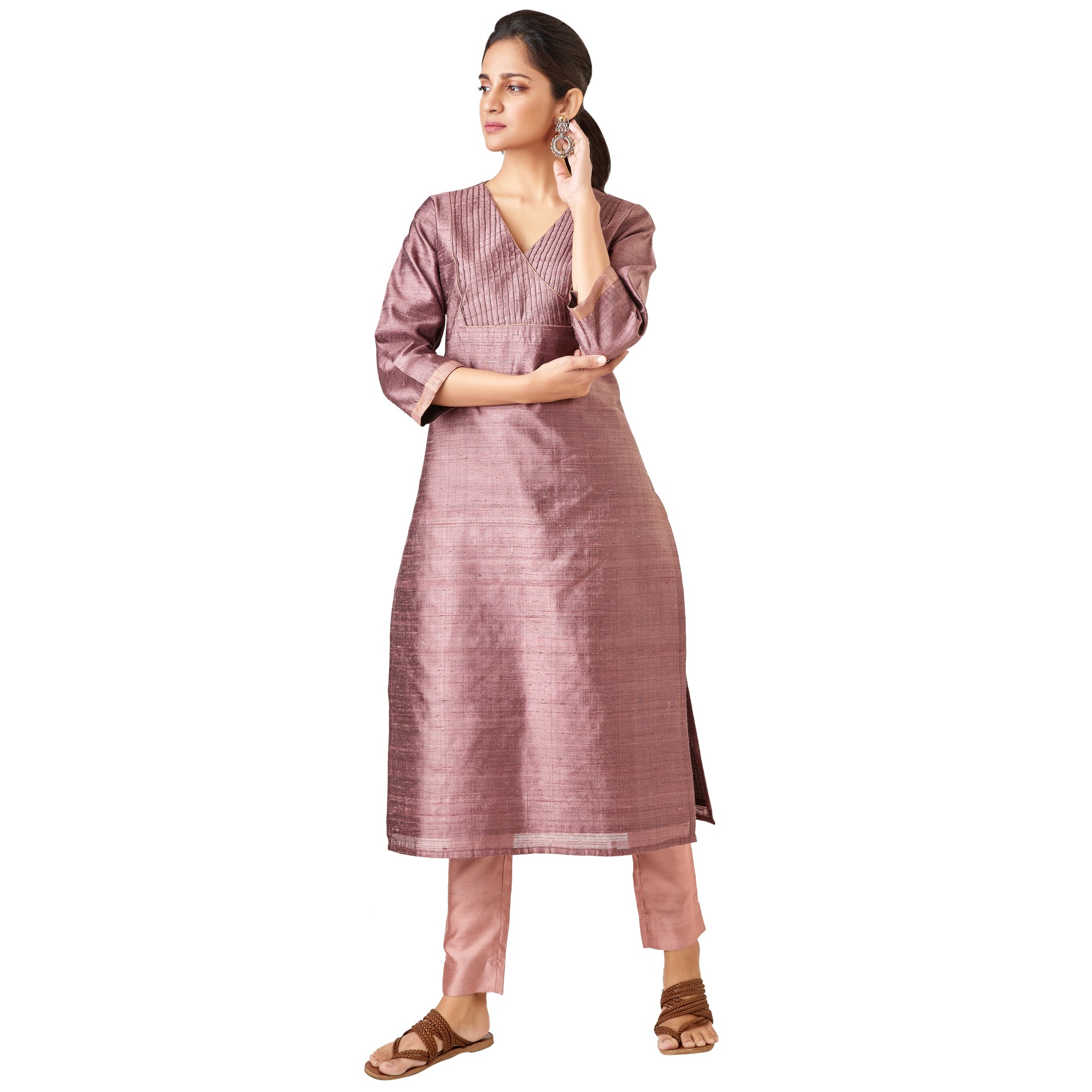 Kyyarii Mauve Pure Tussar Silk Handloom Suit Set with dupatta