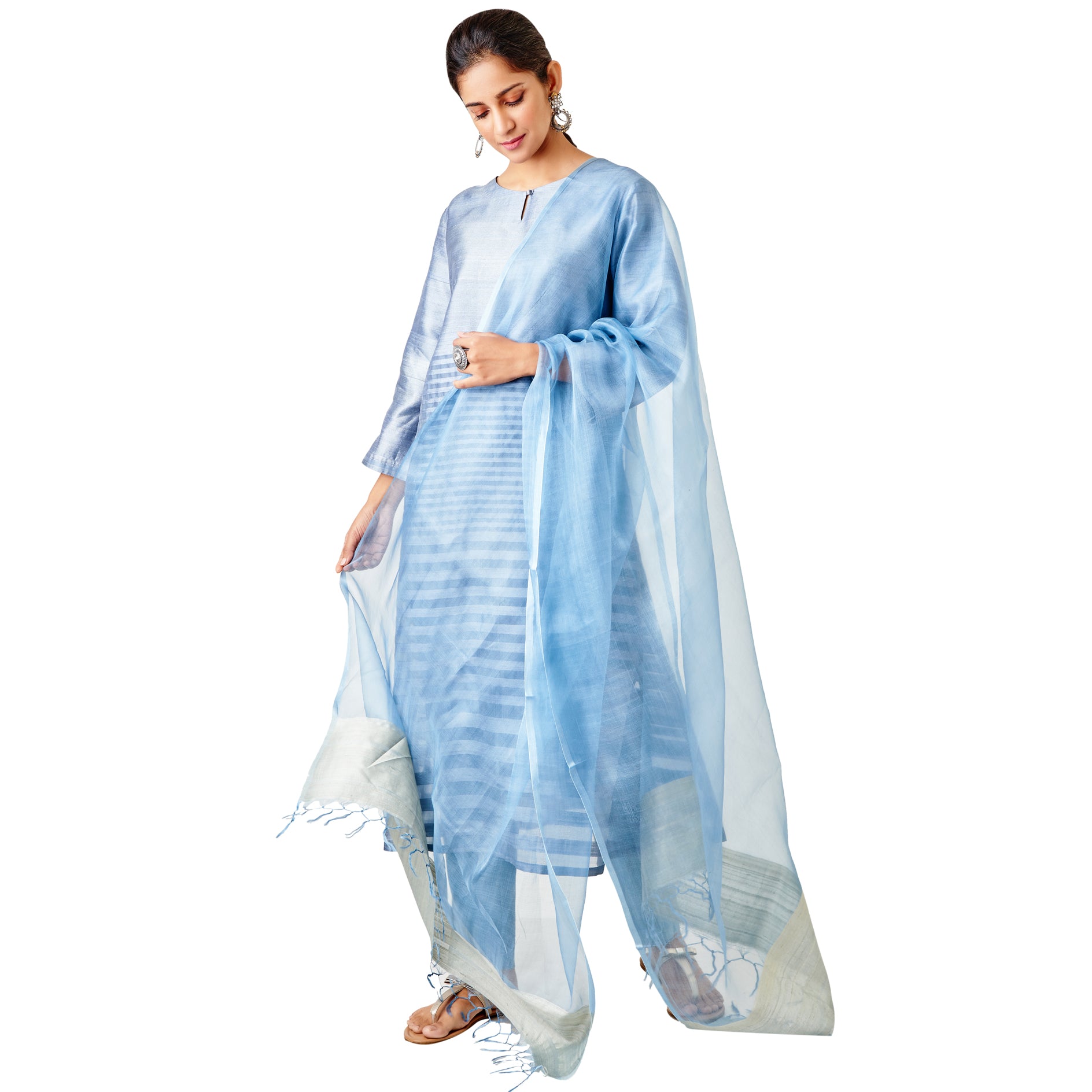 Kyyarii Greyish Blue Pure Silk Handloom Suit Set with dupatta