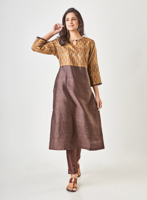 Brown & Golden Pure Tussar Silk Handloom Suit Set without dupatta