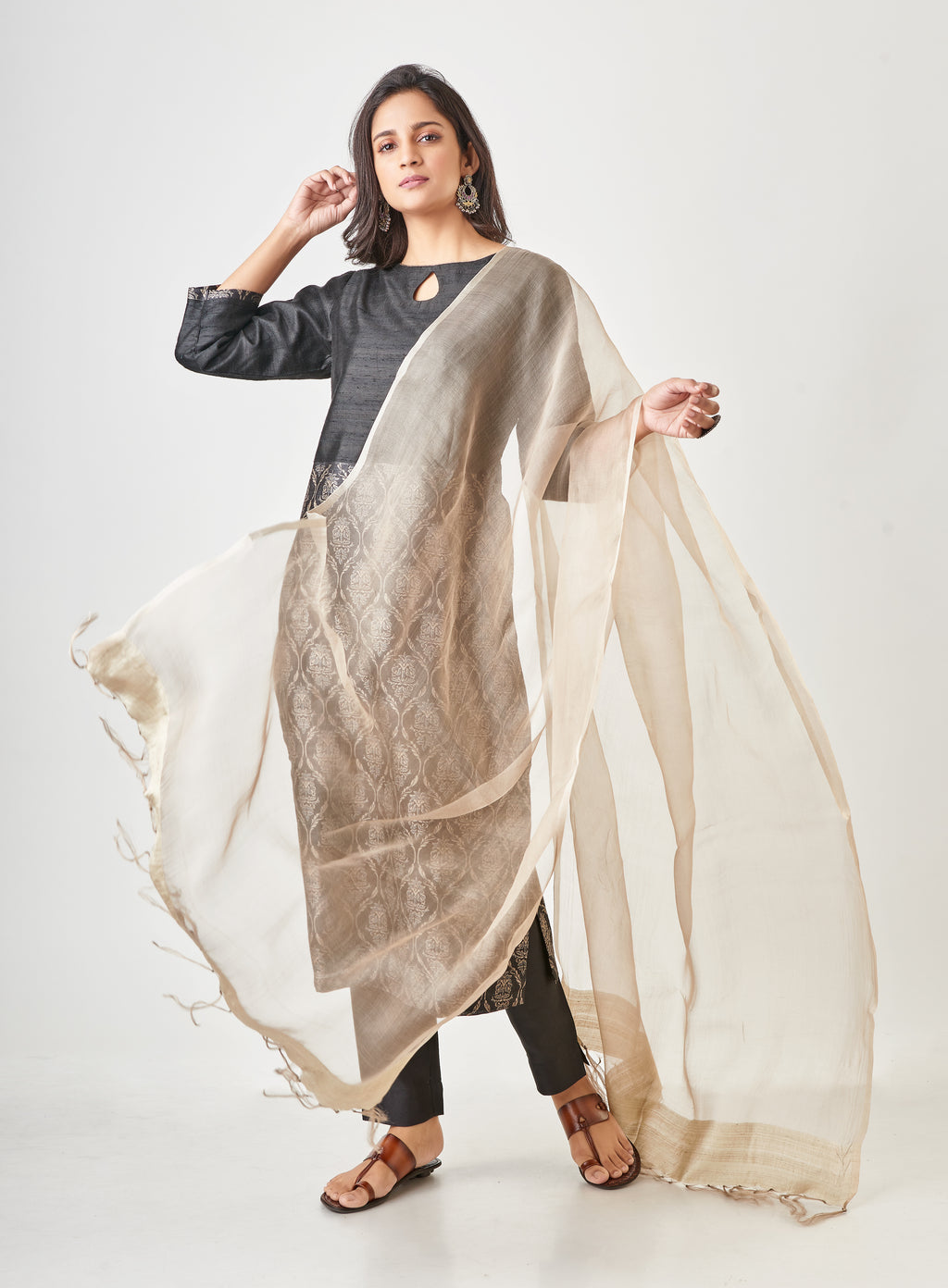 Black & Grey Printed Pure Tussar Silk Handloom Suit Set with dupatta