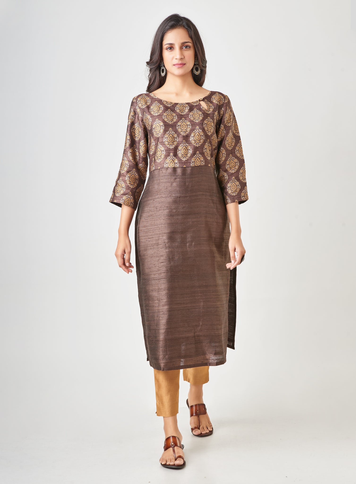 Brown Printed Pure Tussar Silk Handloom Suit Set with dupatta