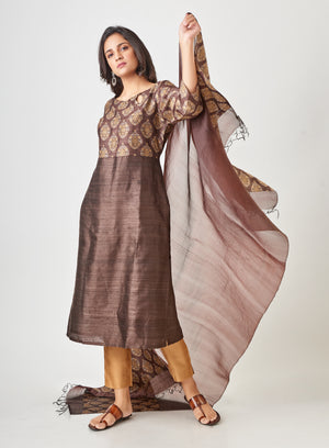 Brown Printed Pure Tussar Silk Handloom Suit Set with dupatta