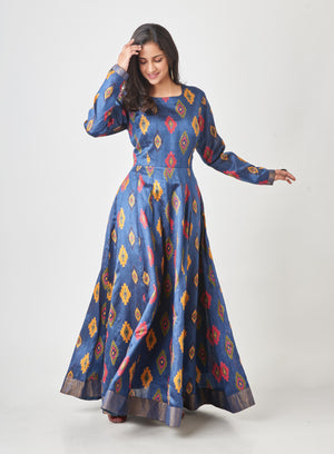 Blue Printed Tussar Silk Handloom Dress with flares