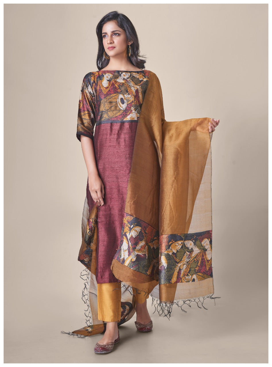 Red & Mustard yellow Printed Pure Tussar Silk Handloom Suit Set with dupatta
