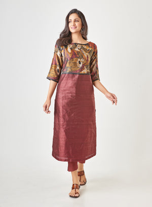 Kyyarii Maroon Printed Pure Tussar Silk Handloom Suit Set without dupatta