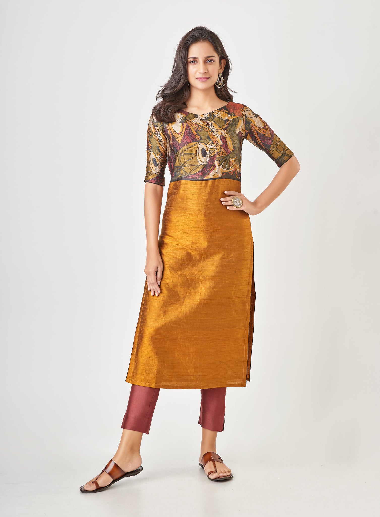 Kyyarii Honey yellow Printed Pure Tussar Silk Handloom Suit Set with dupatta
