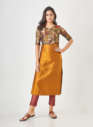 Kyyarii Honey yellow Printed Pure Tussar Silk Handloom Suit Set with dupatta