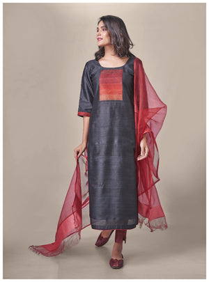 Black & Red Pure Tussar Silk Handloom Suit Set with dupatta