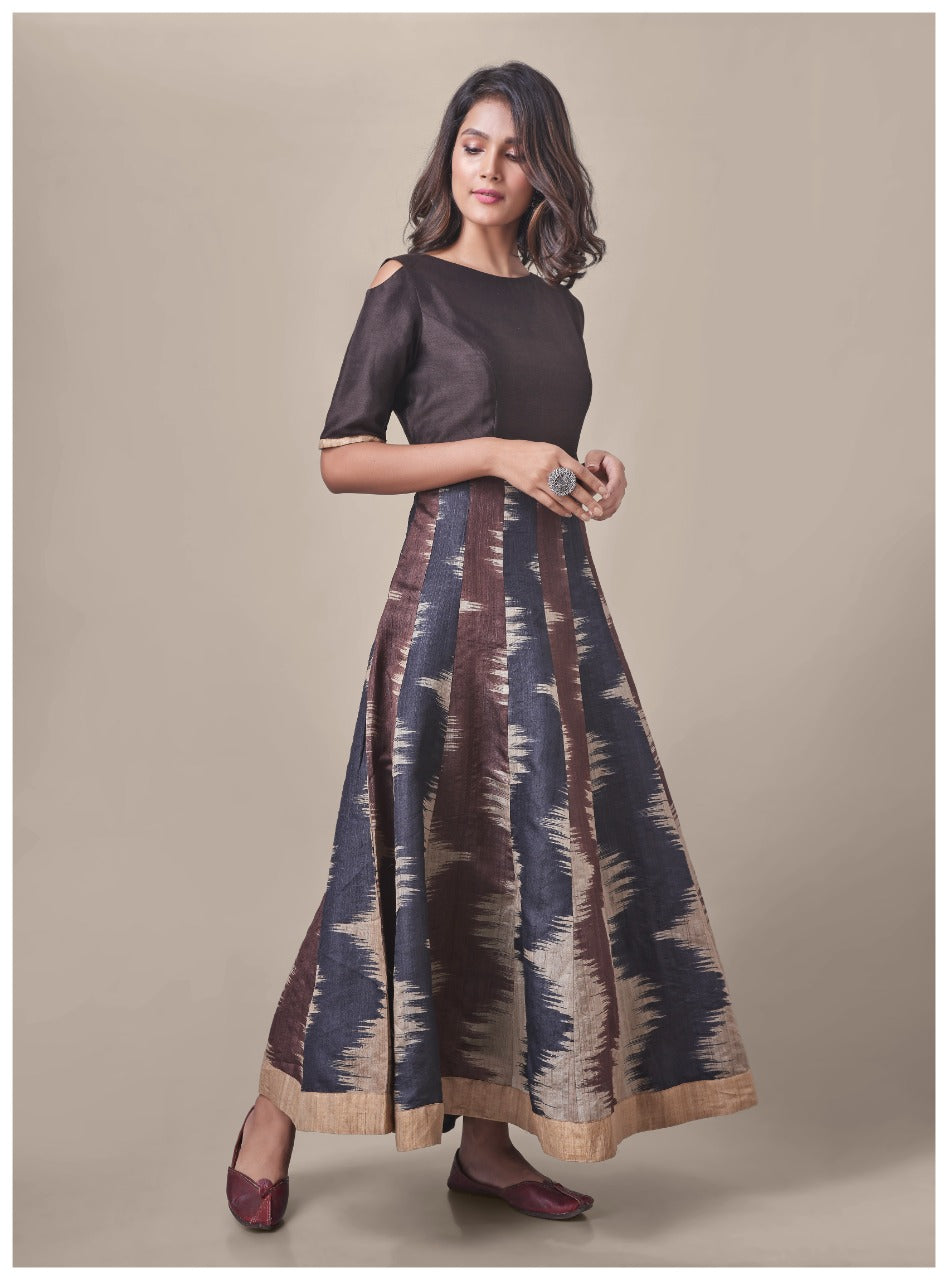 Brown Printed Pure Tussar Silk Handloom Dress without Dupatta