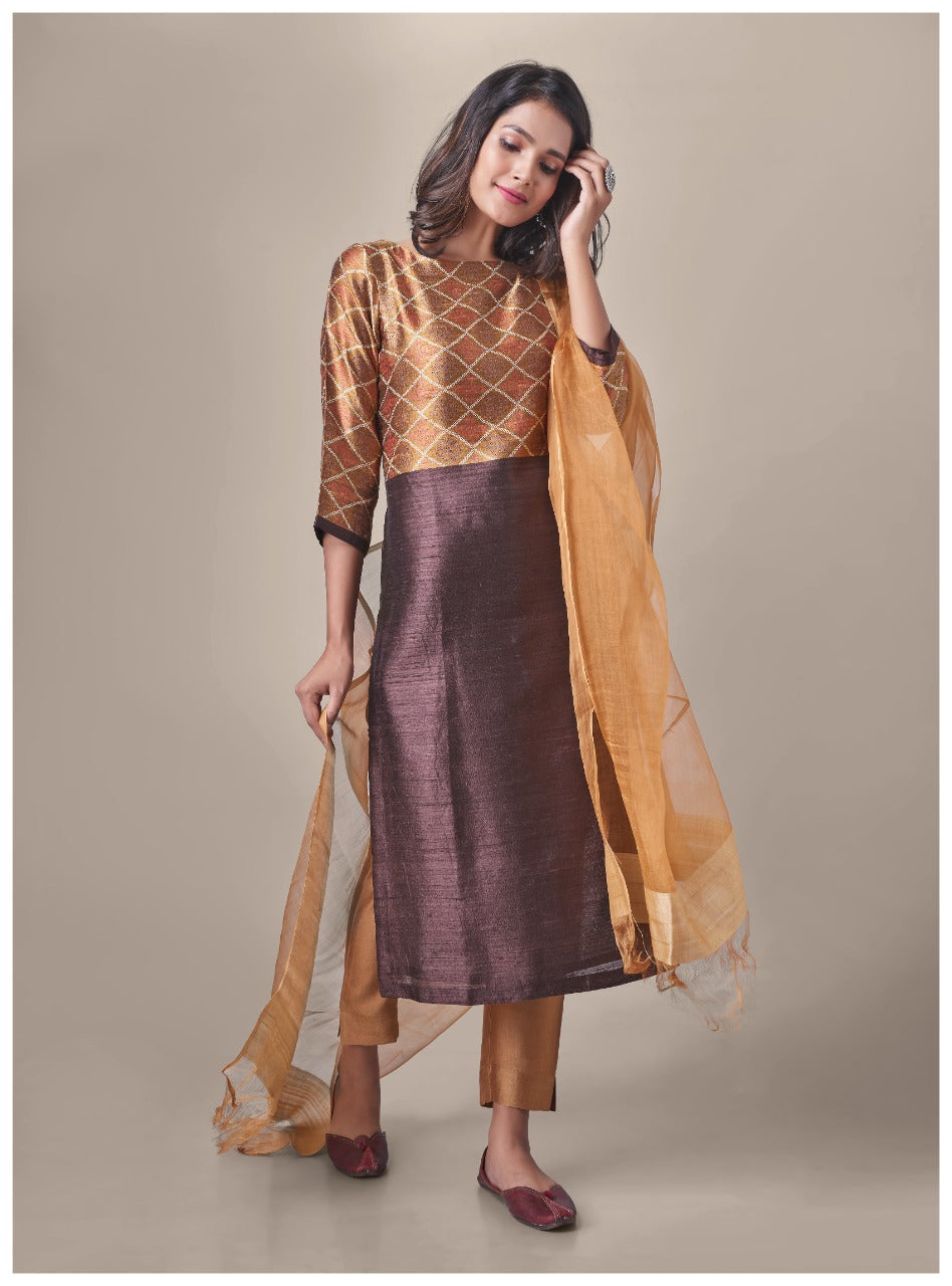Brown & Golden Printed Pure Tussar Silk Handloom Suit Set with dupatta