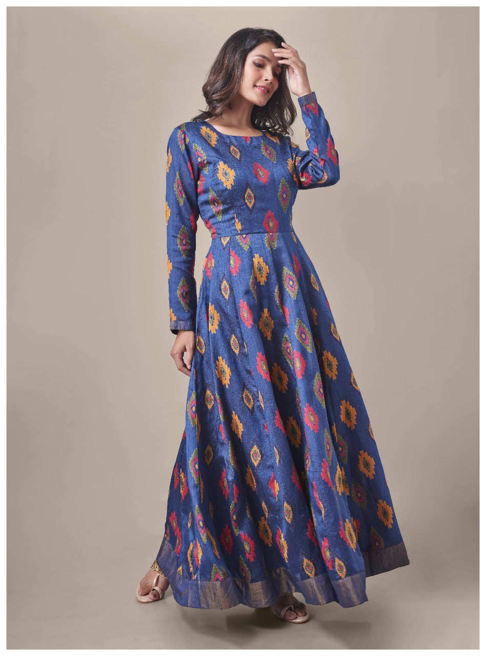 Blue Printed Tussar Silk Handloom Dress with flares