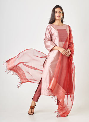 Kyyarii Blossom Pink Pure Tussar Silk Handloom Suit Set with dupatta