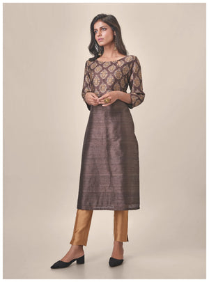 Brown Printed Pure Tussar Silk Handloom Suit Set without dupatta