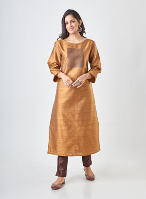 Kyyarii Mustard Yellow Pure Tussar Silk Handloom Suit Set with dupatta