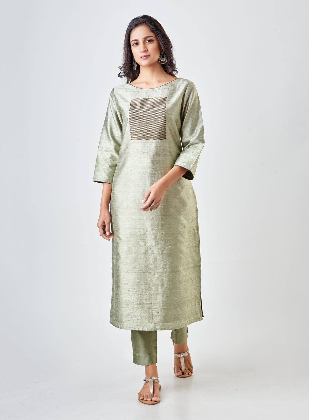 Kyyarii Pistcahhio Green Pure Tussar Silk Handloom Suit Set without dupatta
