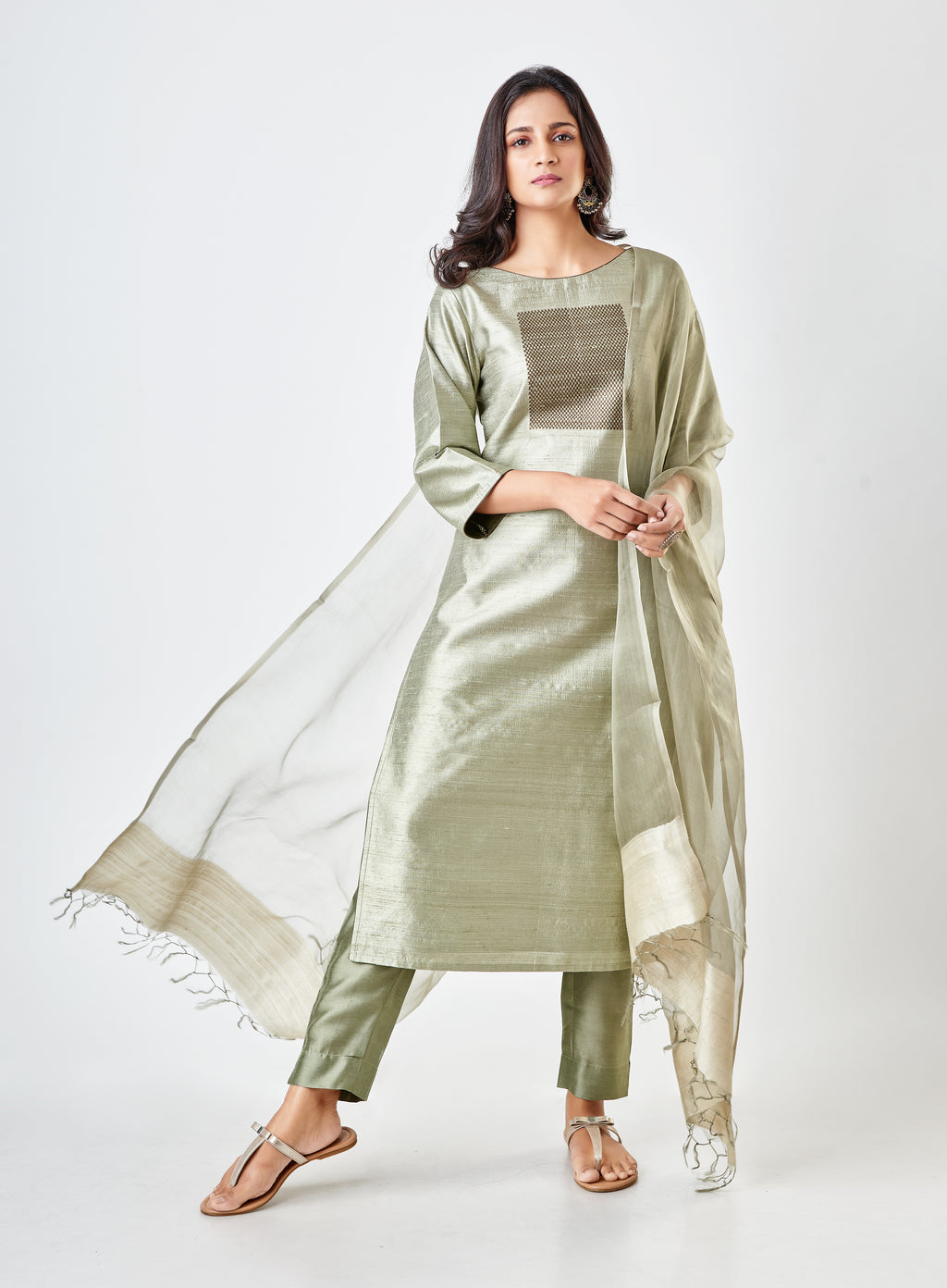Pistacchio Green Pure Tussar Silk Handloom Suit Set with dupatta