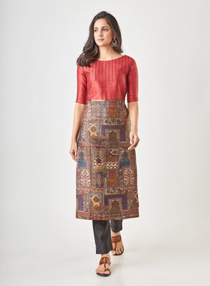 Kyyarii Handcrafted Red Pure Tussar Silk Handloom Kurti