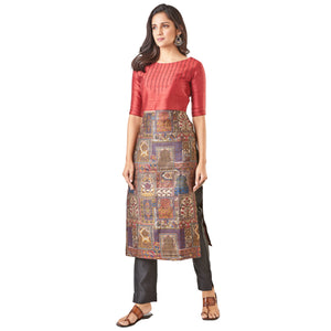 Red Printed Pure Tussar Silk Handloom Suit Set without dupatta