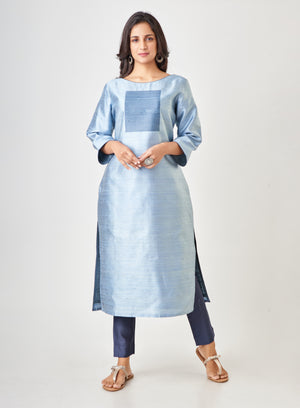 Kyyarii Light Blue Pure Tussar Silk Handloom Suit Set without dupatta