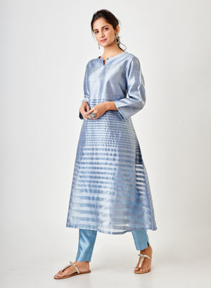 Kyyarii Greyish Blue Pure Silk Handloom Suit Set without dupatta