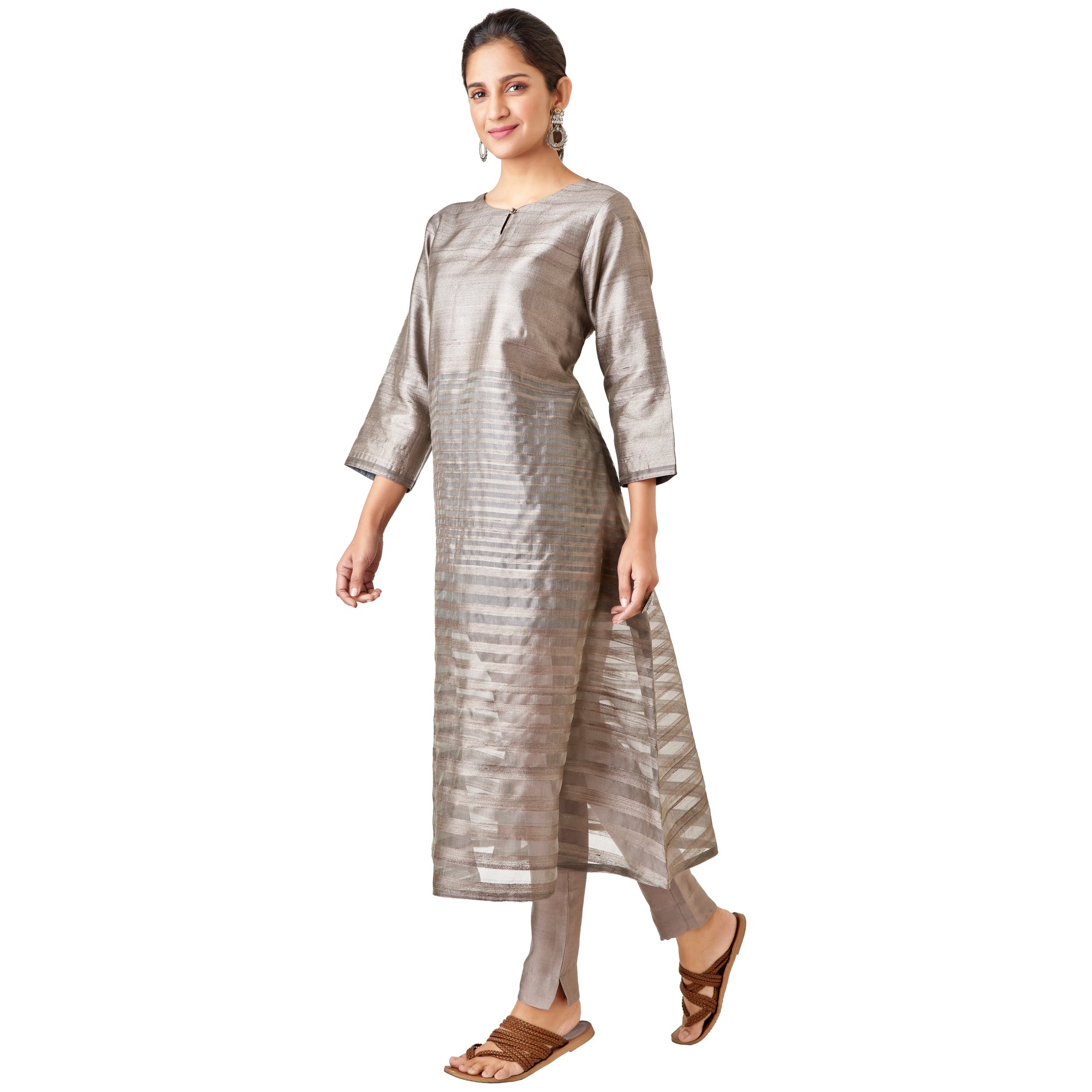 Kyyarii Grey Multi striped Handloom Pure Silk Kurti