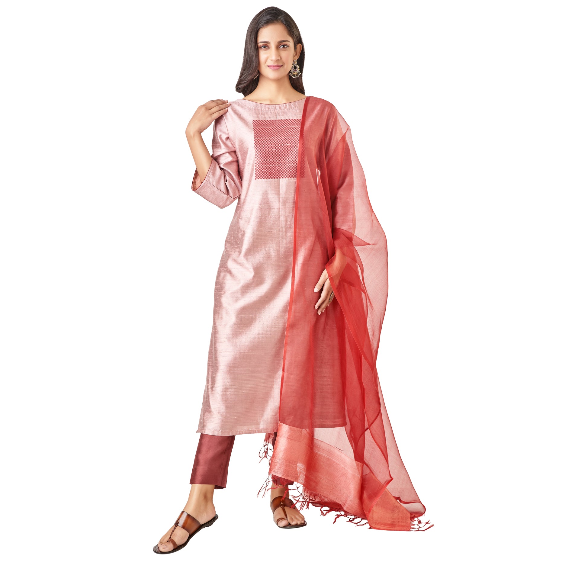 Kyyarii Blossom Pink Pure Tussar Silk Handloom Suit Set with dupatta
