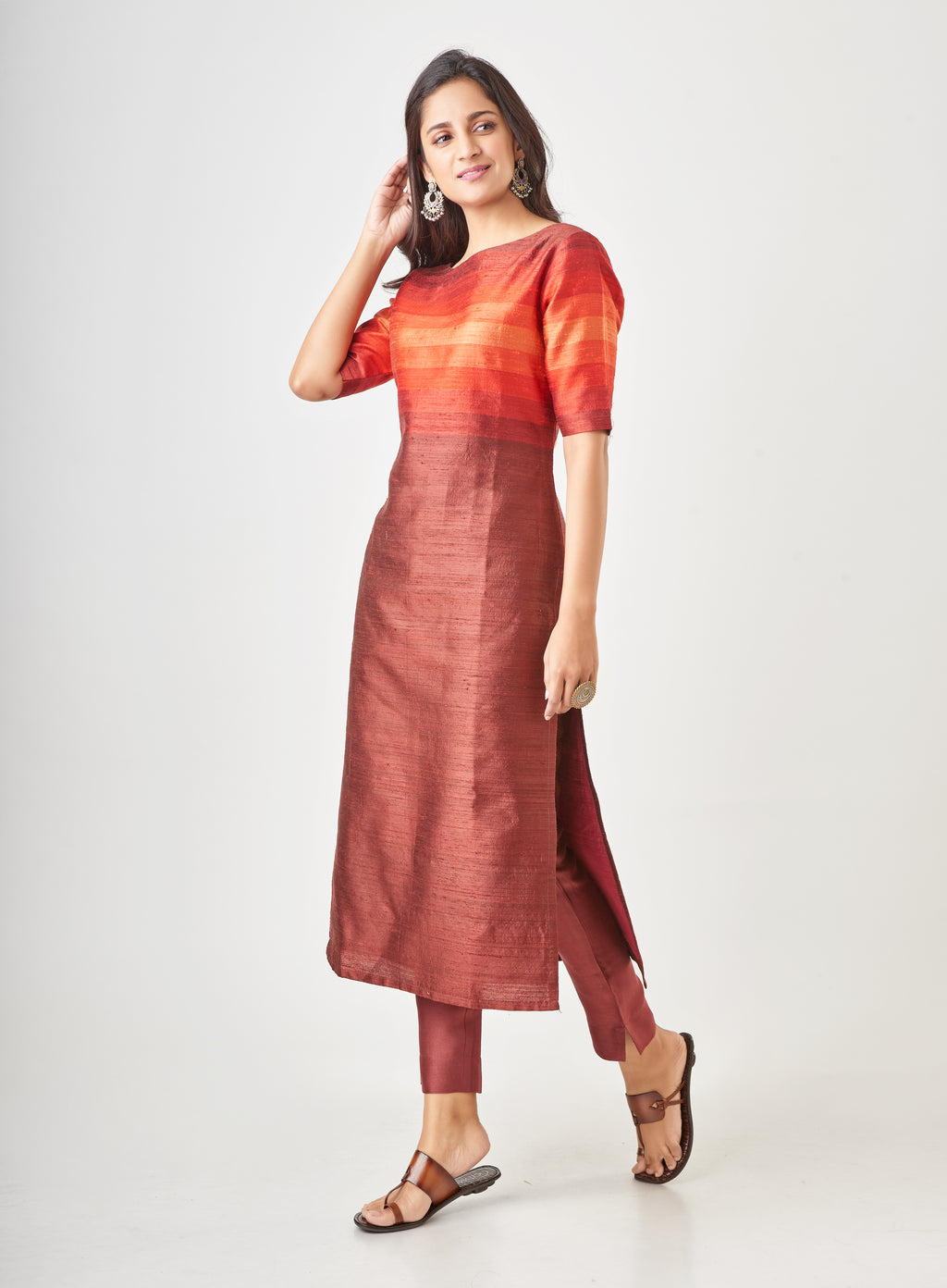 Kyyarii Red Striped Pure Tussar Silk Handloom Suit Set without dupatta