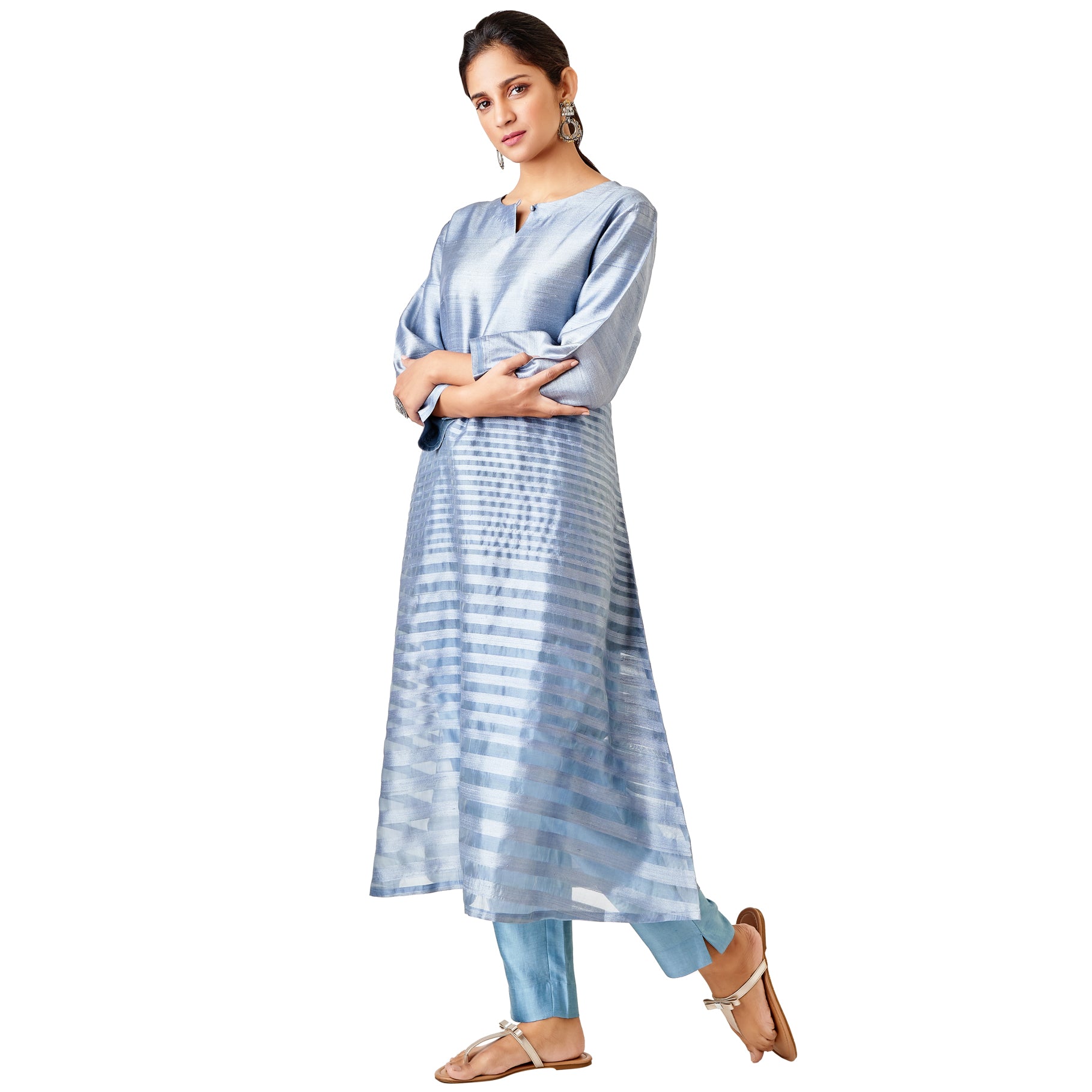 Kyyarii Greyish Blue striped Handloom Pure Silk Kurti